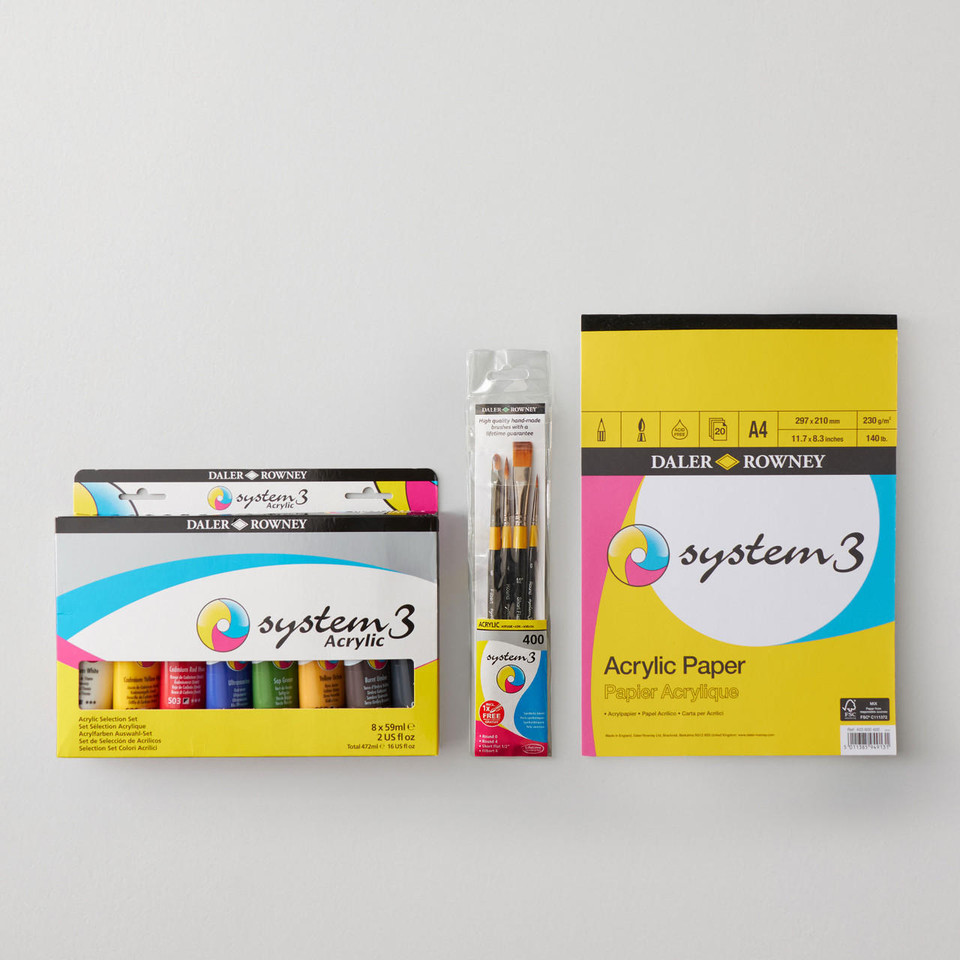 Daler Rowney System 3 Acrylic Bundle - 8 x 59ml Paint Tubes, 4 x Brushes, and 1 x A4 Pad